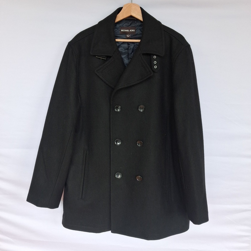 Michael Kors Men's Black Wool Blend Double Breasted Pea Coat Jacket Size L Large